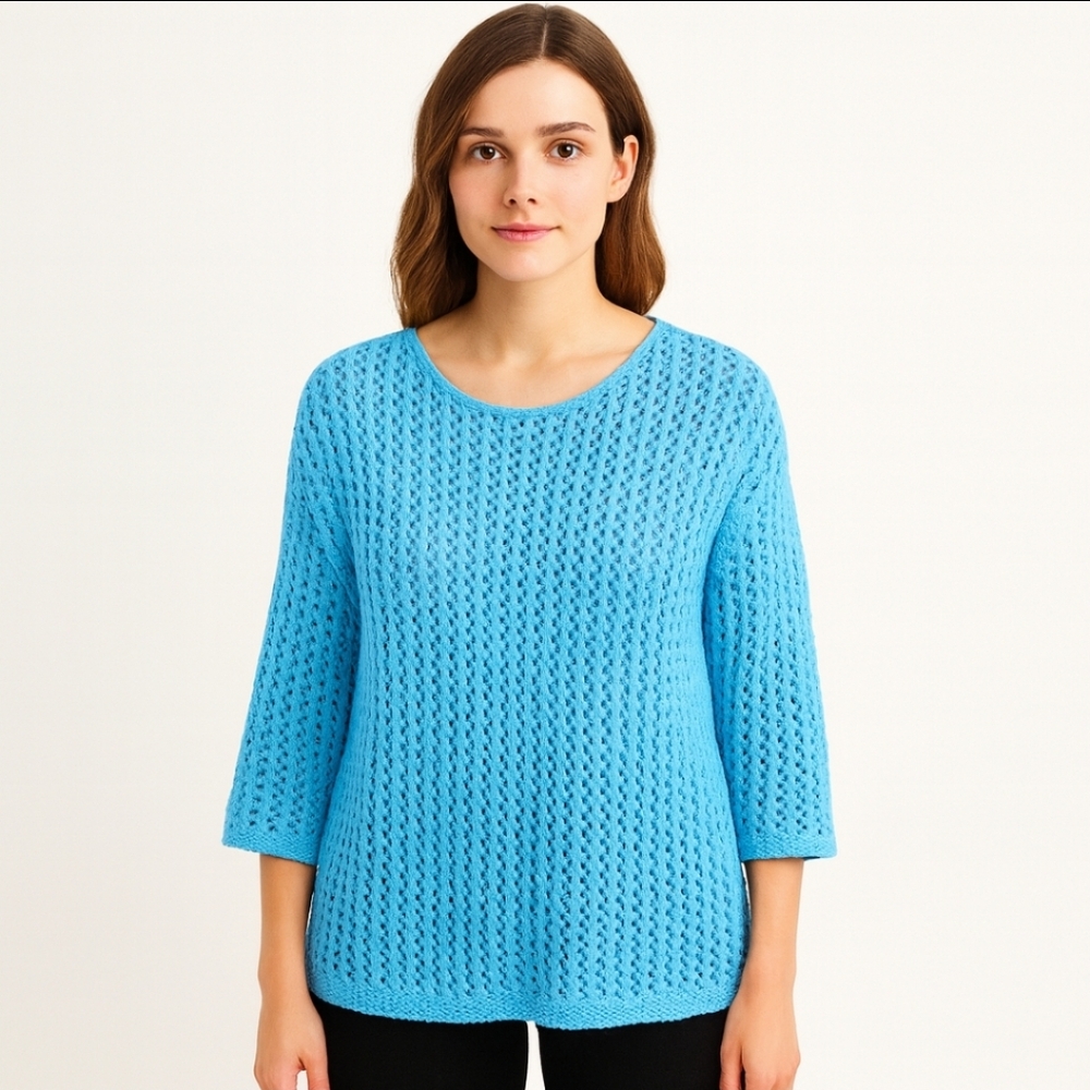 J. Jill Aqua Open Weave Cotton Blend Sweater With 3/4 Length Sleeves Sz Lg
